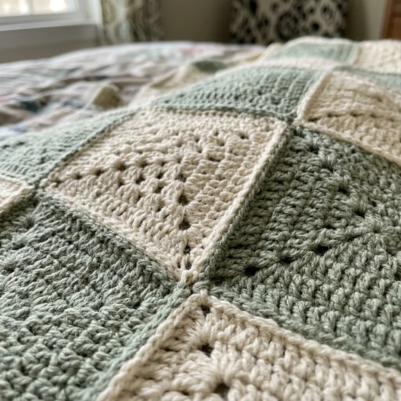 Green and Cream Triangle Bedspread Crochet Pattern step detail