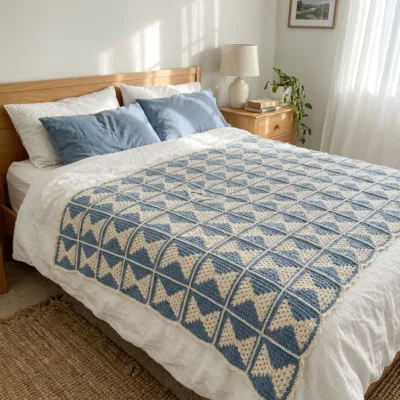 Dusty Blue and Cream Granny Square Bed Cover Crochet Pattern step 1 - construction progress