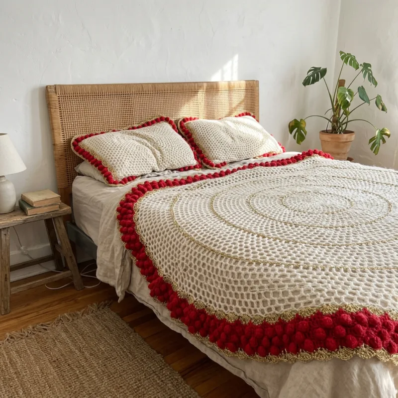 Round Placemat with Red Popcorn Border Crochet Pattern step detail
