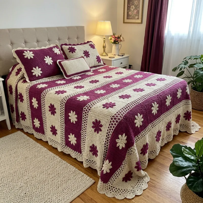 Floral Magenta and Cream Bed Cover Crochet Pattern step detail