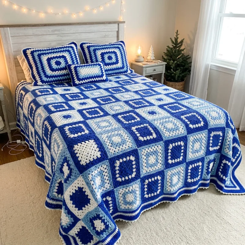 Blue and White Christmas Bed Cover Crochet Pattern step detail