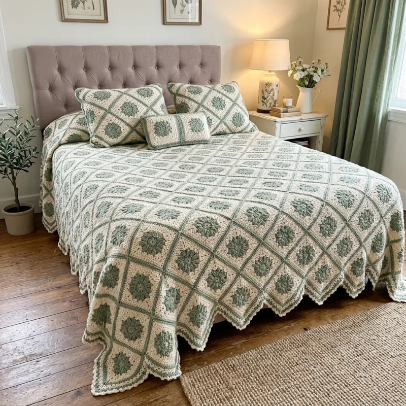 Sage Green Lantern Flower Bed Cover Crochet Pattern step detail