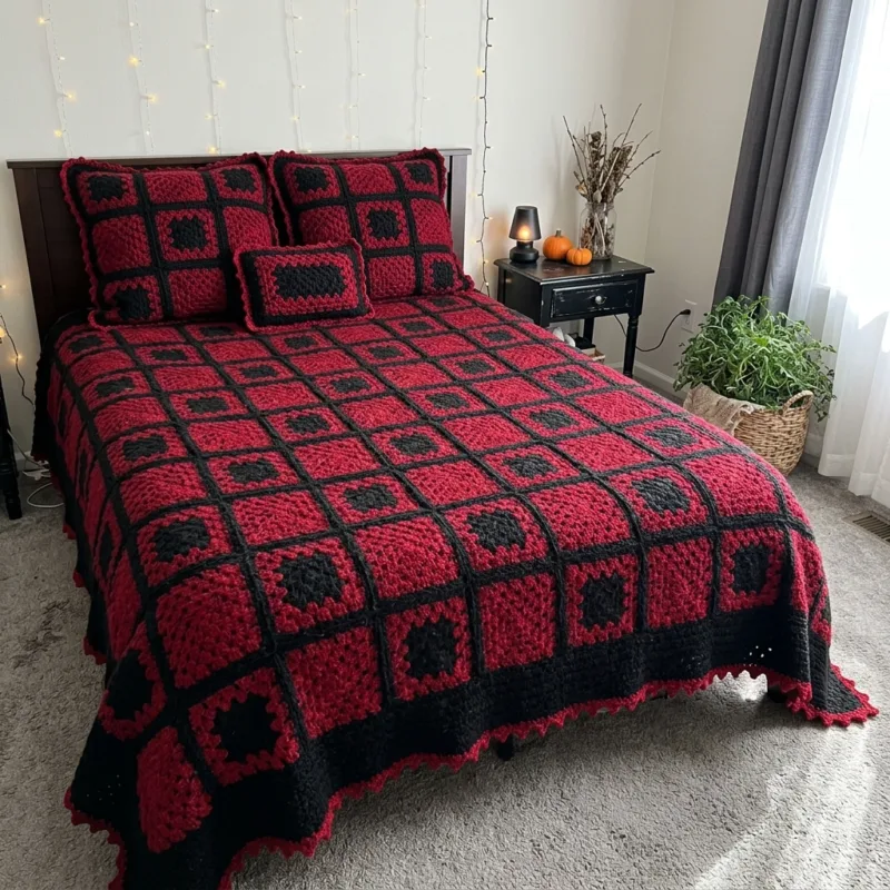 Red Halloween Granny Square Bed Cover Crochet Pattern step detail
