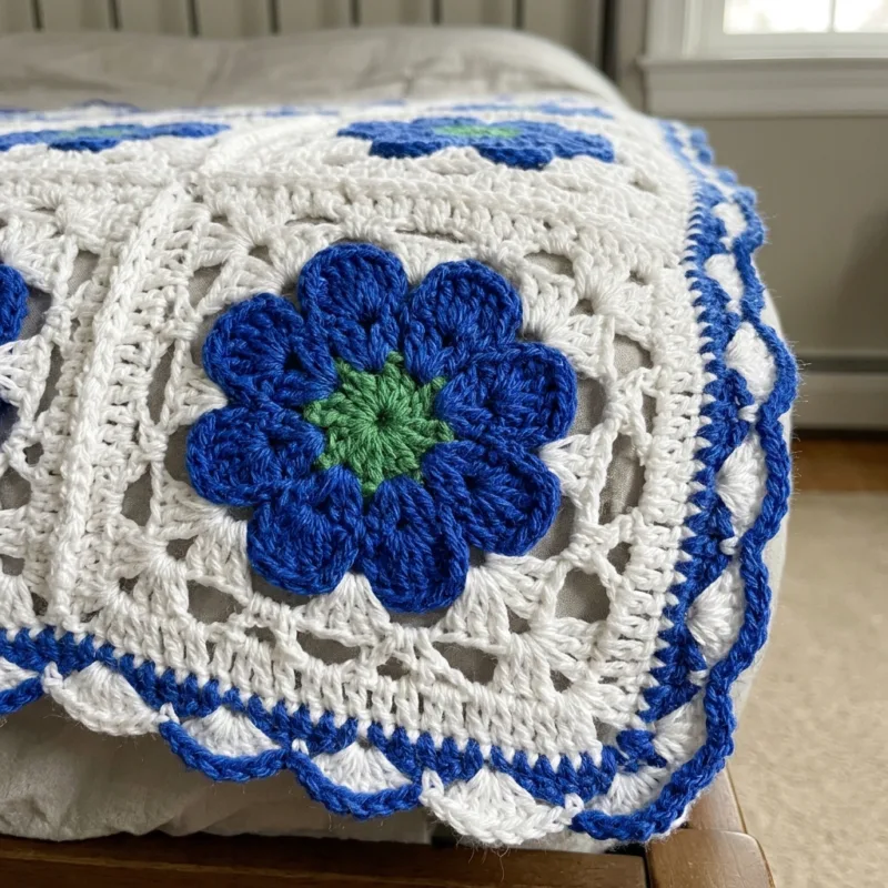 Blue Flower Square Bed Cover Crochet Pattern step detail