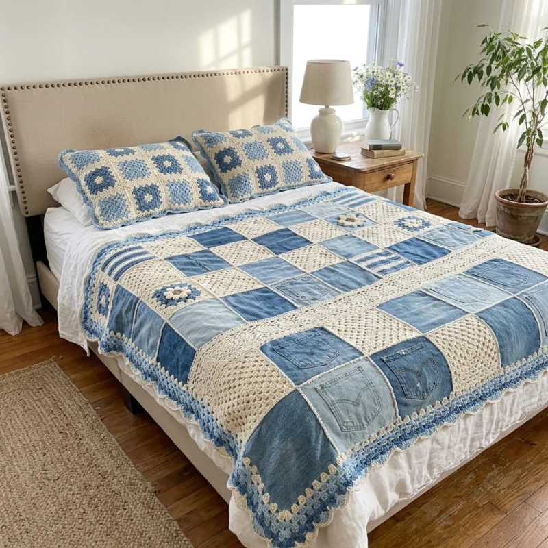 Denim Patch Granny Square Bed Cover Crochet Pattern step detail