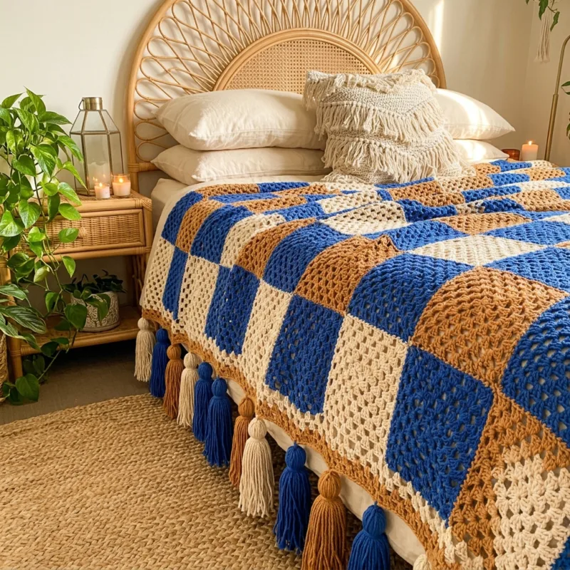Blue and Caramel Filet Square Checkerboard Bed Cover Crochet Pattern step detail