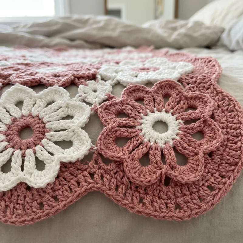 Pink and White Flower Bedspread Crochet Pattern step detail
