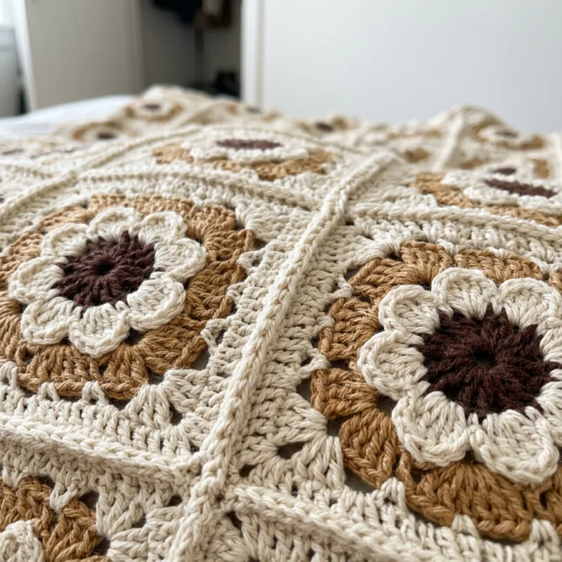Cream and Caramel Granny Square Bed Cover Crochet Pattern step detail