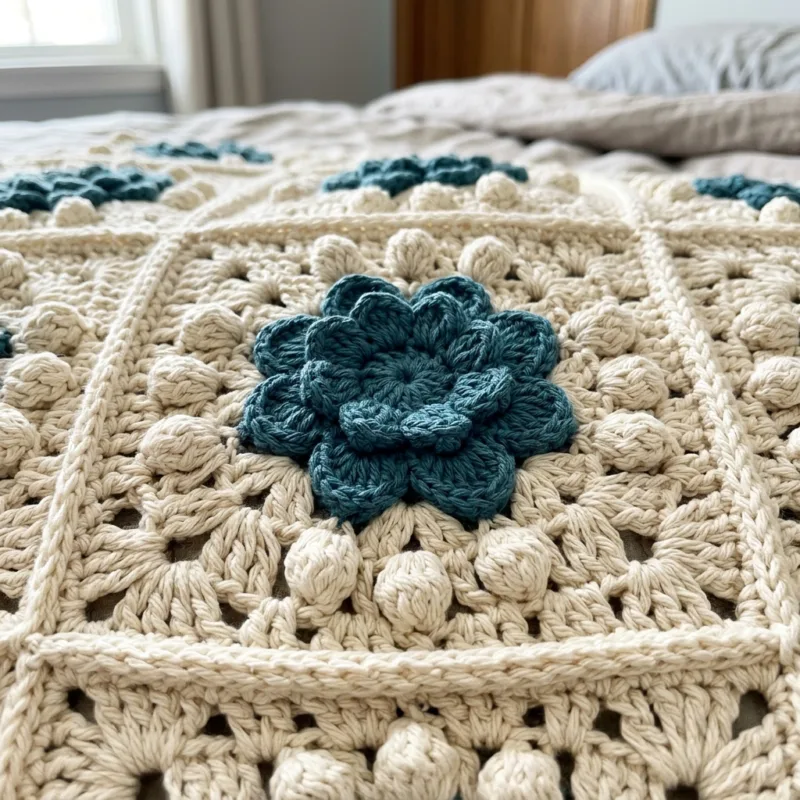 Cream and Teal Puff Flower Granny Square Bed Cover Crochet Pattern step detail