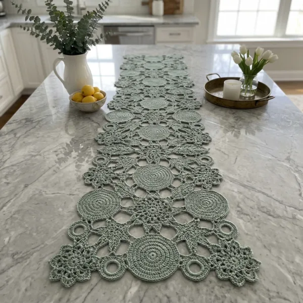 Sage Green Flower and Leaf Table Runner Crochet Pattern