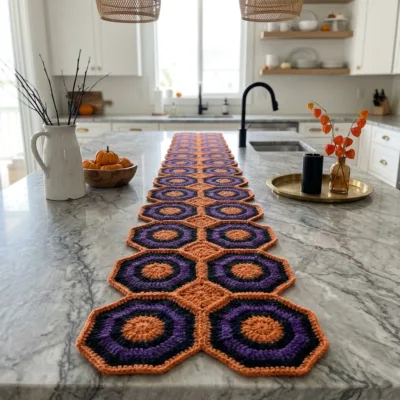 Midnight Pumpkin Hexagon Halloween Table Runner Crochet Pattern step 1 - construction progress