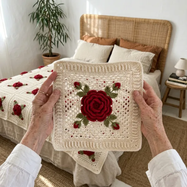 Red Rose Lace Granny Square Bed Cover Crochet Pattern
