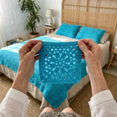 Turquoise Lace Flower Square Bed Cover Crochet Pattern step 1 - construction progress