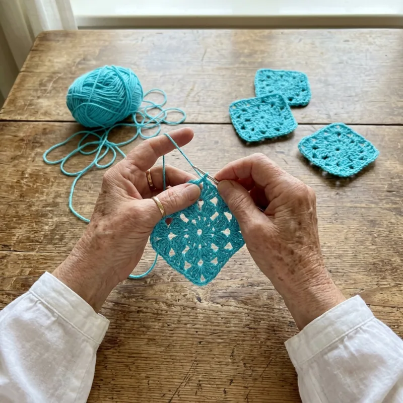 Turquoise Lace Flower Square Bed Cover Crochet Pattern step detail