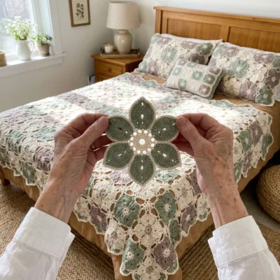 Sage and Mauve Floral Bed Cover Crochet Pattern step 1 - construction progress
