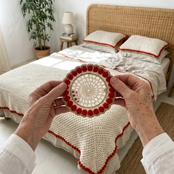 Round Placemat with Red Popcorn Border Crochet Pattern