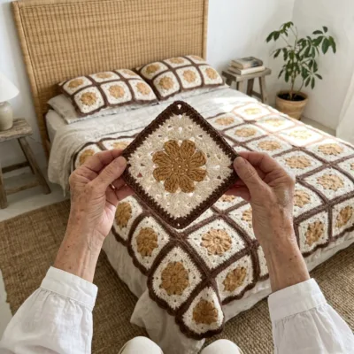 Brown and Cream Diamond Flower Bed Cover Crochet Pattern step 1 - construction progress