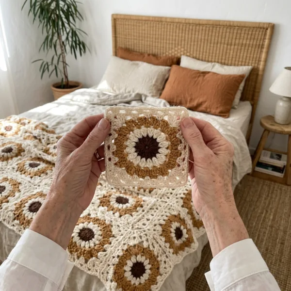Cream and Caramel Granny Square Bed Cover Crochet Pattern