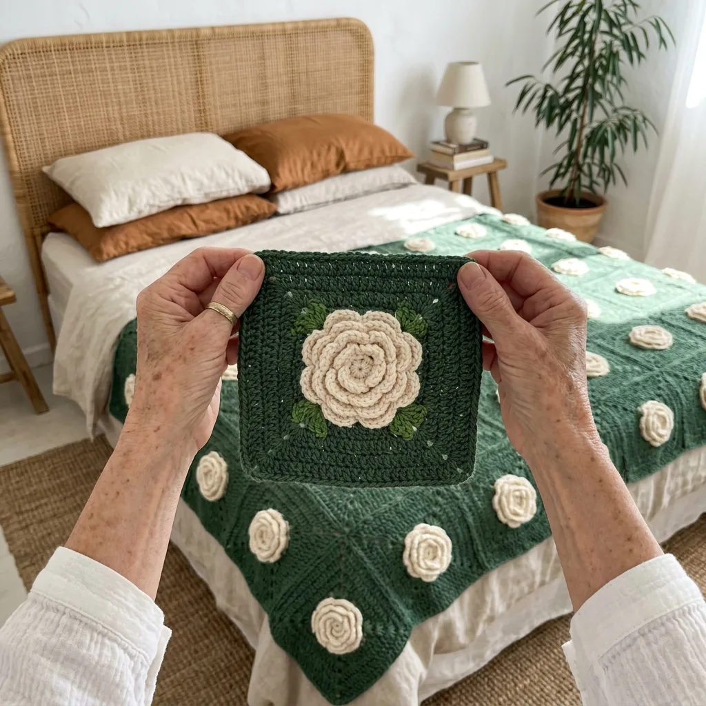 Forest Green Rose Granny Square Bed Cover Crochet Pattern