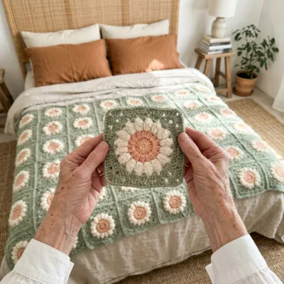 Sage Green Flower Granny Square Bed Cover Crochet Pattern step 1 - construction progress