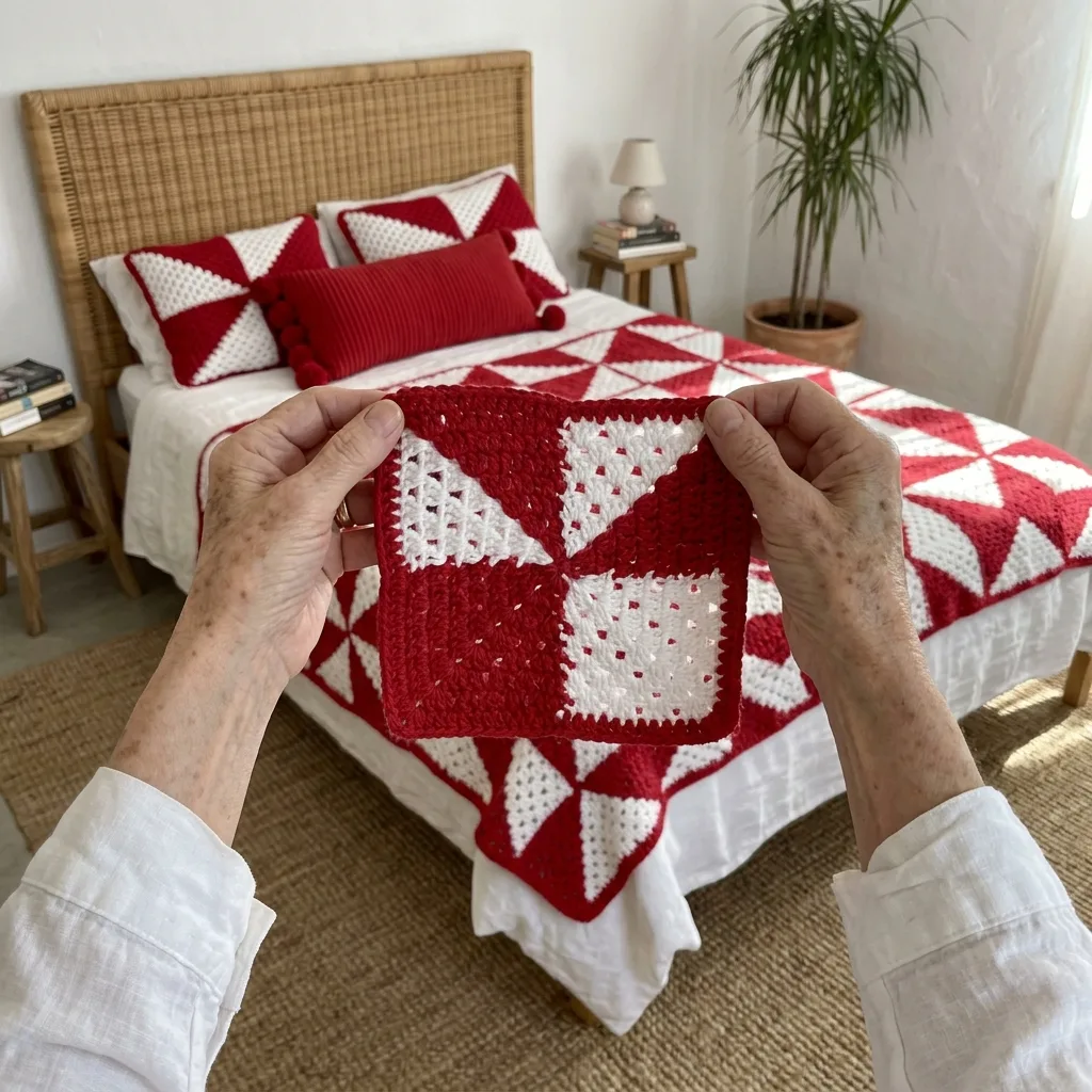 Red and White Pinwheel Granny Square Bed Cover Crochet Pattern
