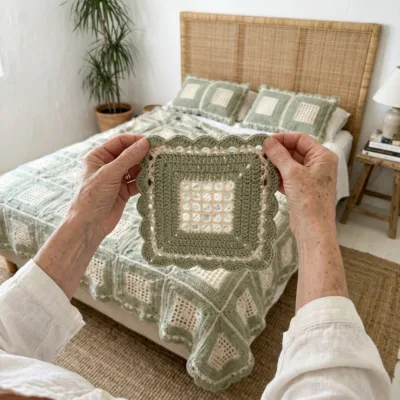 Sage Green Filet Square Bed Cover Crochet Pattern step 1 - construction progress
