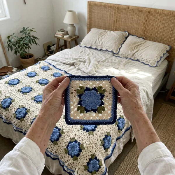 Blue Flower Granny Square Bed Cover Crochet Pattern