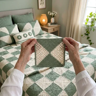 Green and Cream Triangle Bedspread Crochet Pattern step 1 - construction progress