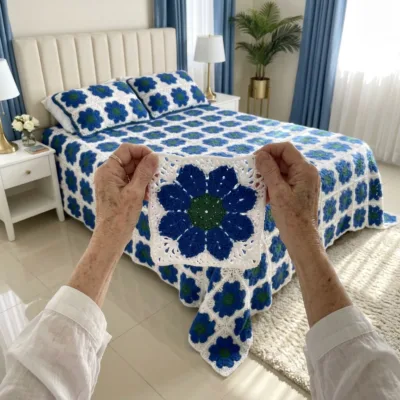 Blue Flower Square Bed Cover Crochet Pattern step 1 - construction progress