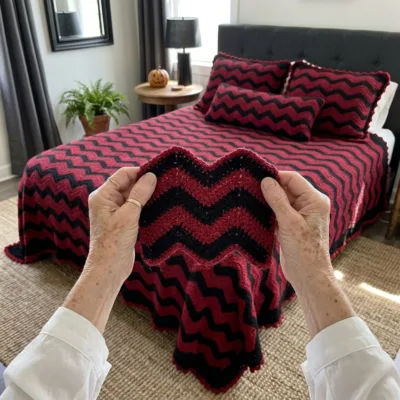 Blood Red Halloween Ripple Bed Cover Crochet Pattern step 1 - construction progress