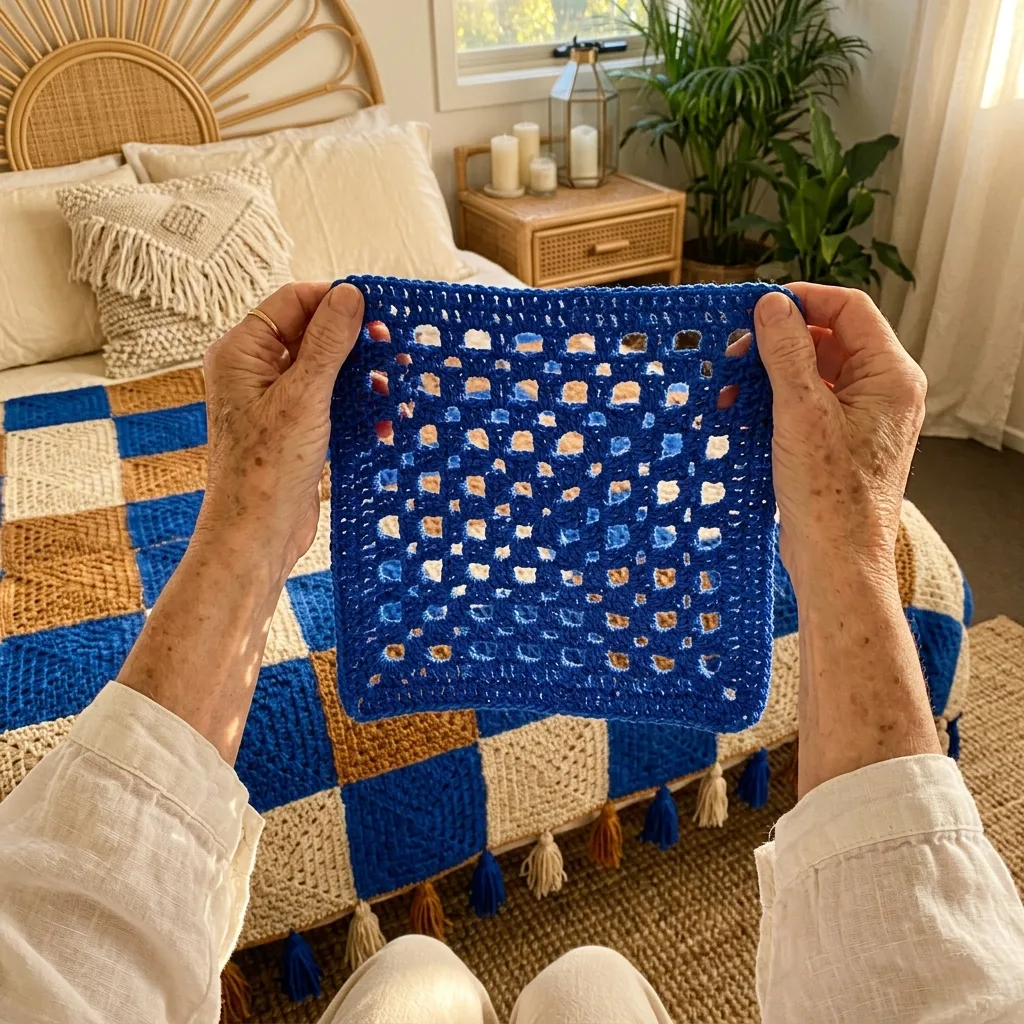 Blue and Caramel Filet Square Checkerboard Bed Cover Crochet Pattern
