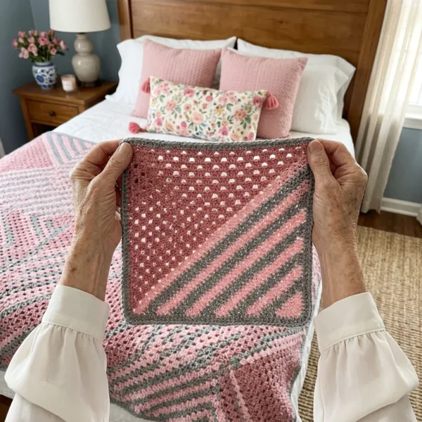Pink and Gray Diagonal Granny Square Bed Cover Crochet Pattern