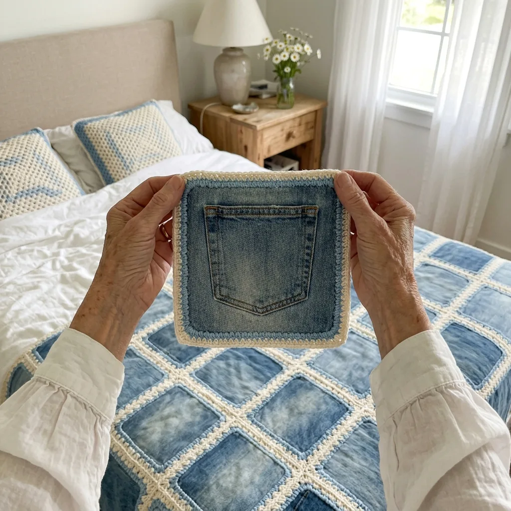 Denim Patch Granny Square Bed Cover Crochet Pattern