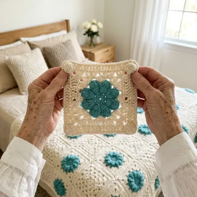 Cream and Teal Puff Flower Granny Square Bed Cover Crochet Pattern step 1 - construction progress
