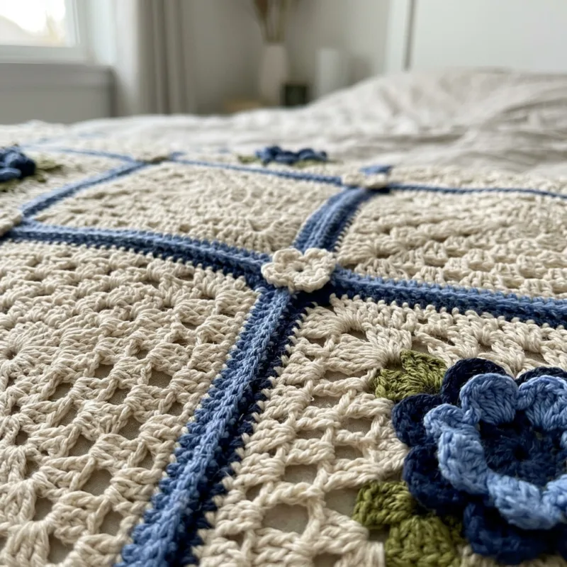 Blue Flower Granny Square Bed Cover Crochet Pattern step detail