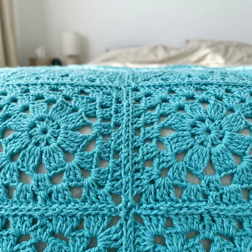 Turquoise Lace Flower Square Bed Cover Crochet Pattern