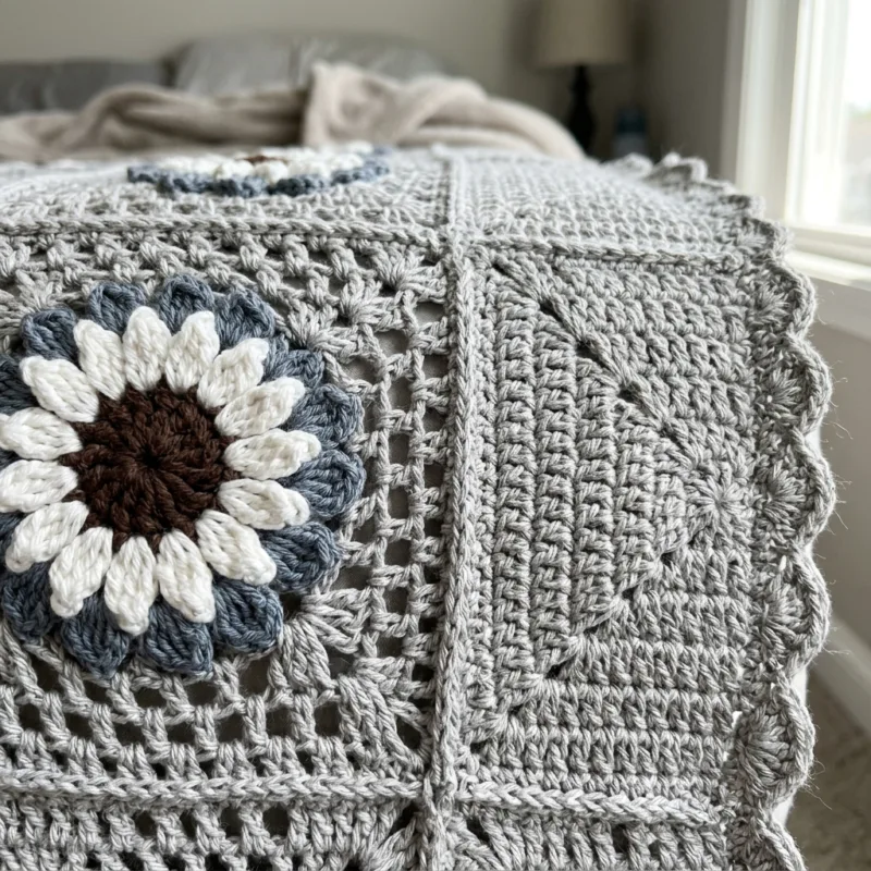 Gray Daisy Square Bed Cover Crochet Pattern step detail