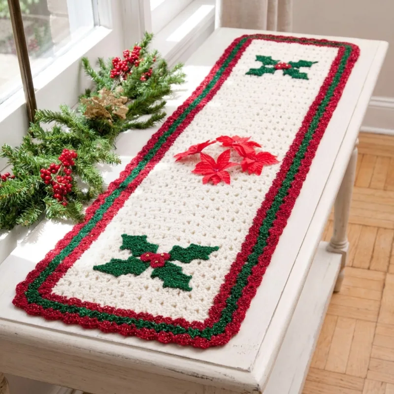 Holly Christmas Table Runner Crochet Pattern step detail