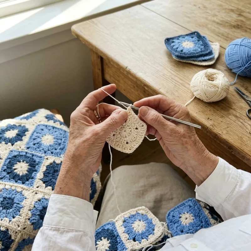 Blue Flower Granny Square Bed Cover Crochet Pattern step detail