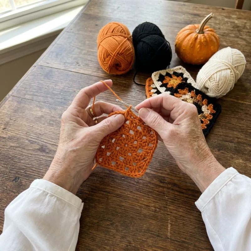 Halloween Pumpkin Granny Square Bed Cover Crochet Pattern step detail
