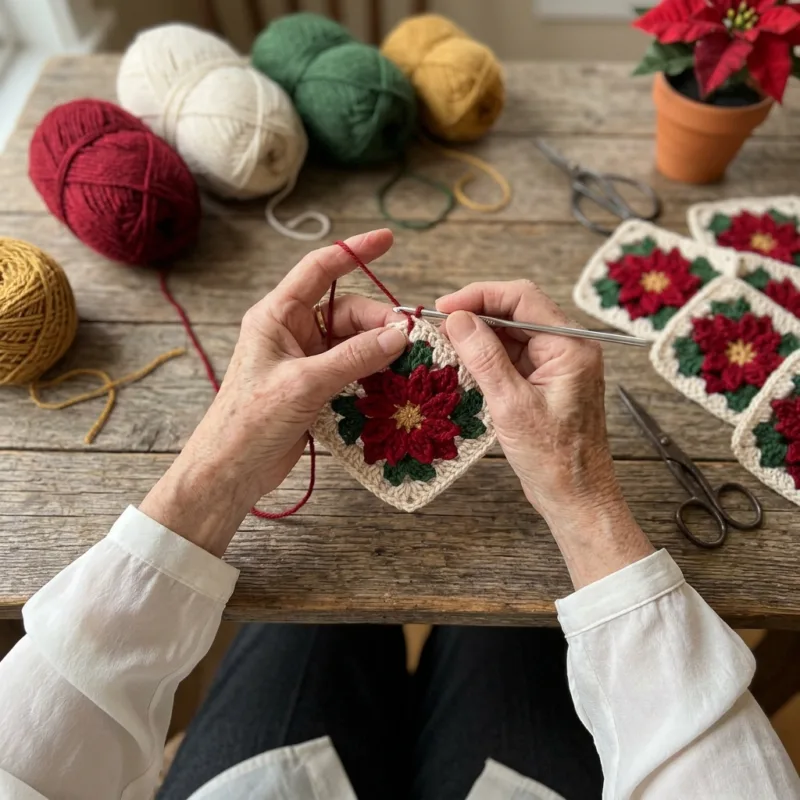 Christmas Poinsettia Square Bed Cover Crochet Pattern step detail