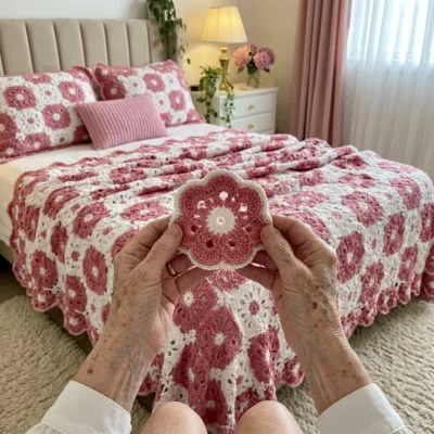 Pink and White Flower Bedspread Crochet Pattern step 1 - construction progress