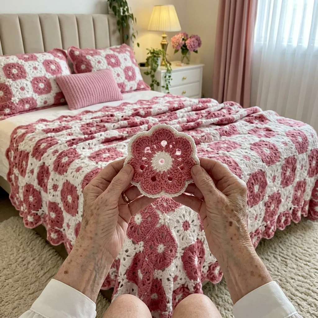 Pink and White Flower Bedspread Crochet Pattern