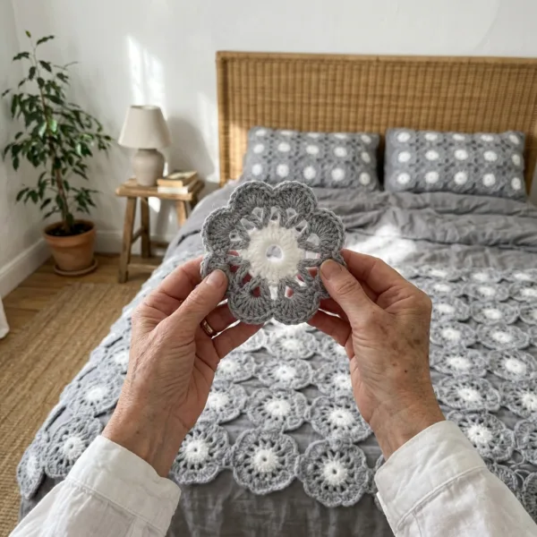 Gray and White Flower Medallion Bed Cover Crochet Pattern