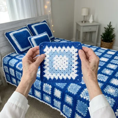 Blue and White Christmas Bed Cover Crochet Pattern step 1 - construction progress
