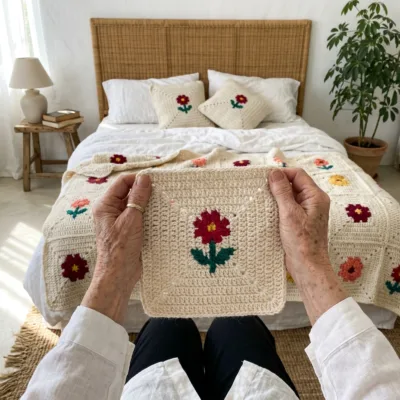 Pixel Flower Garden Bed Cover Crochet Pattern step 1 - construction progress