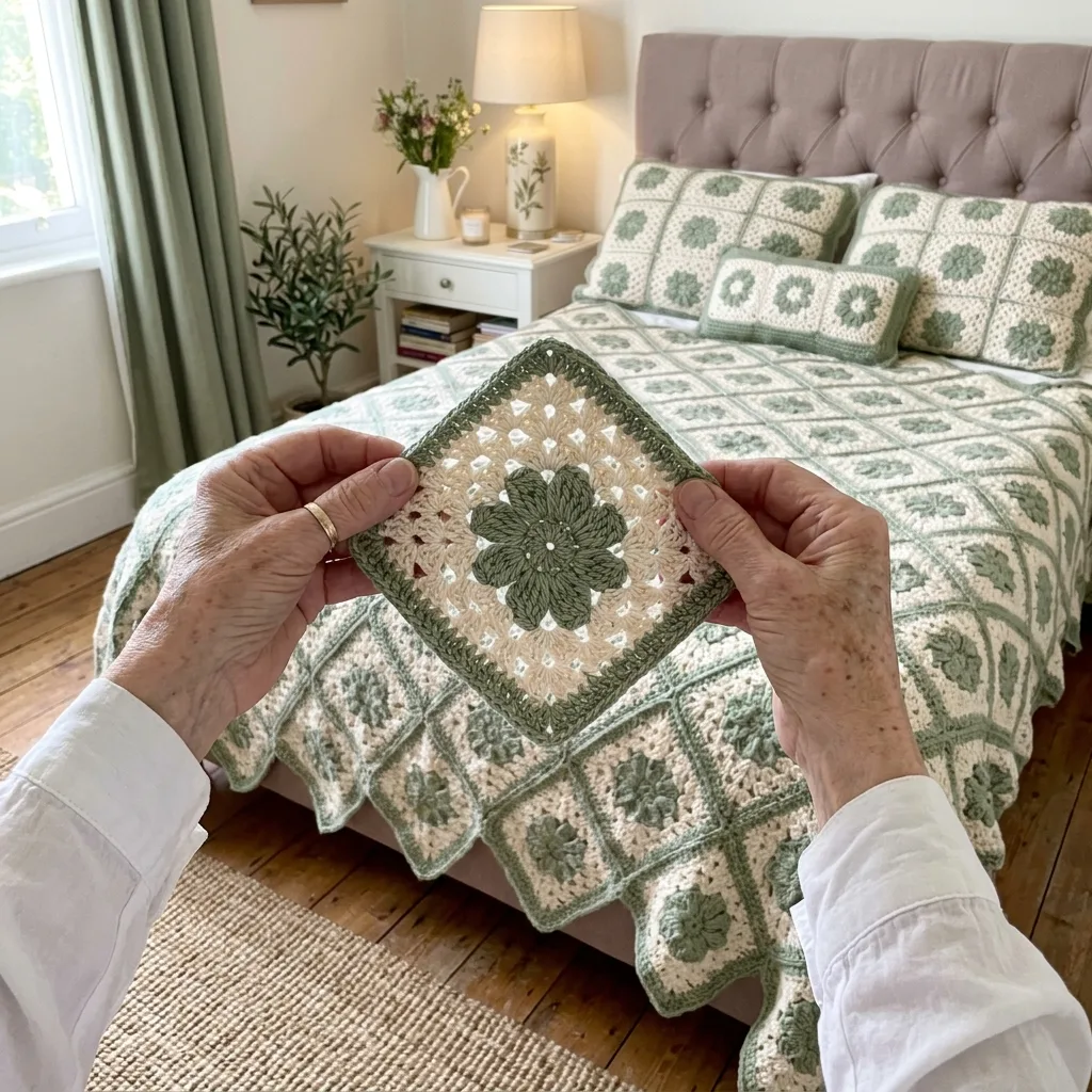 Sage Green Lantern Flower Bed Cover Crochet Pattern