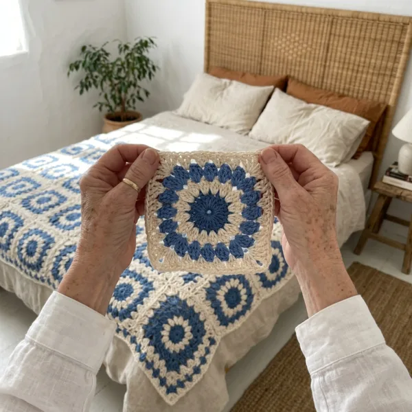 Blue Flower Granny Square Bed Cover Crochet Pattern
