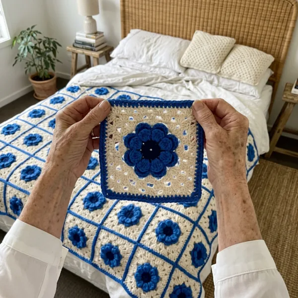 Blue and Cream Flower Granny Square Bed Cover Crochet Pattern