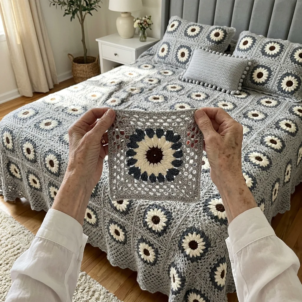 Gray Daisy Square Bed Cover Crochet Pattern